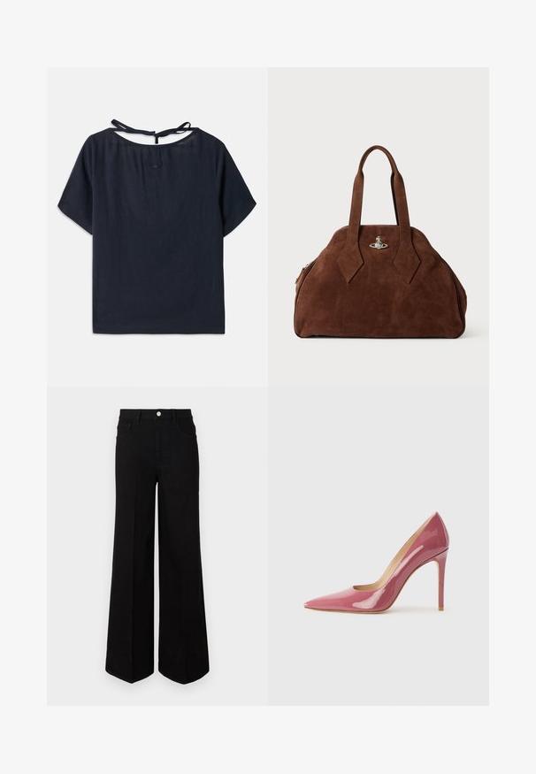 Tmavomodrý ľanový top s širokým výstrihom, krátkymi rukávmi a viazaním na chrbte. Obsahuje jemné vyšívanie v blízkosti výstrihu.; Čierne široké džínsy vyrobené z pevnej tkaniny, s vysokým pásom, prednými vreckami a predným zapínaním na gombík. Rovný lem na spodnej strane.; Ružové lakované vysoké podpätky s špicatou špičkou a elegantným siluetou, s výrezom a ihlovým podpätkom.; Hnedá semišová kabelka so štruktúrovaným tvarom, zaobleným telom a predĺženými rukoväťami v tvare diamantov. Obsahuje uzatváranie so striebornou hardvérovou sponou.