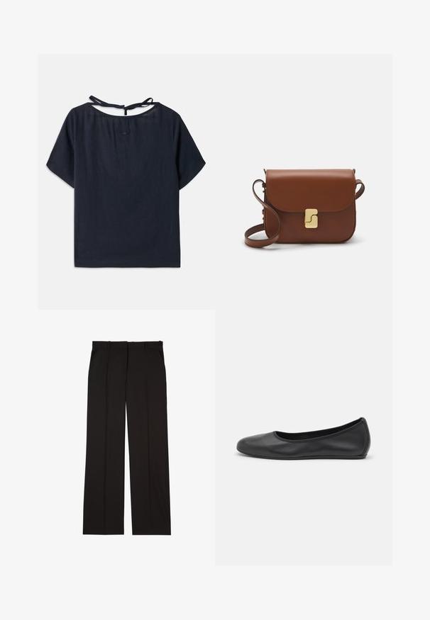 Donkerblauw linnen top met een brede halslijn, korte mouwen en een strik aan de achterkant. Bevat subtiele borduursels nabij de halslijn.; Zwarte op maat gemaakte broek van een gladde stof, met een rechte pijp en twee zijzakken. Elegante en minimalistische constructie.; Zwarte leren ballerina met een ronde neus, gladde textuur, minimale stikdetails en een flexibele zoolontwerp.; Bruine leren handtas met een klep sluiting, gouden hardware, een schouderband en een gladde textuur. Compact rechthoekige vorm.