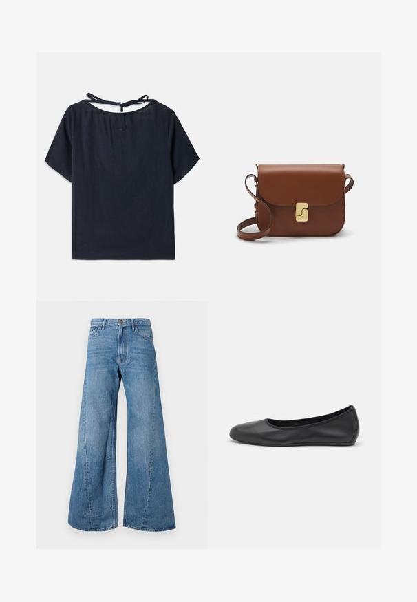 Donkerblauw linnen top met een brede halslijn, korte mouwen en een strik aan de achterkant. Bevat subtiele borduursels nabij de halslijn.; Brede blauwe denim jeans met een hoge taille, voorzien van klassieke vijf-pocket styling en een lichte vervaging voor textuur.; Zwarte leren ballerina met een ronde neus, gladde textuur, minimale stikdetails en een flexibele zoolontwerp.; Bruine leren handtas met een klep sluiting, gouden hardware, een schouderband en een gladde textuur. Compact rechthoekige vorm.