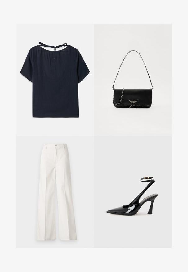 Temno modra lanena vrhnja majica s širokim izrezom, kratkimi rokavi in trakcem na hrbtu. Značilo se jo je diskretno vezenje blizu izreza.; Bele široke hlače iz bombaža z gladko teksturo. Imajo gumb spredaj, zadrgo in zasnovo z štirimi žepi.; Črne patentne usnjene slingback visoke pete s koničastim nosom, nastavljivim gležnjastim trakom in zmerno blokasto peto. Gladka tekstura z bleščečim zaključkom.; Črna usnjena torbica s srebrnim verižnim ročajem, ki ima okrasne krilate poudarke in belo šivanje ob spodnjem šivu.