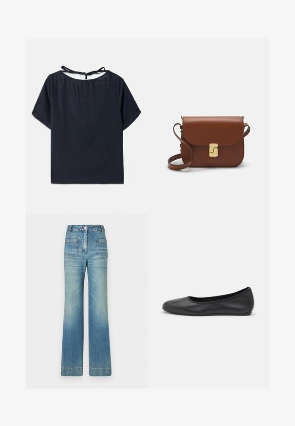 Top din in cu un decolteu larg, de culoare albastru închis, cu mâneci scurte și o legătură la spate. Prezintă broderie subtilă în apropierea decolteului.; Jeans din denim albastru deschis, cu talie evazată, cinci buzunare, bucle pentru curea, închidere cu nasture și o textură ușor decolorată, având un detaliu cu logo roșu pe spate.; Balerini din piele neagră, cu vârf rotund, textură netedă, detalii de cusătură minimale și un design al tălpii flexibil.; Geantă de piele maro cu închidere tip capac, accesorii de culoare aurie, curea de umăr și o textură netedă. Formă compactă și rectangulară.