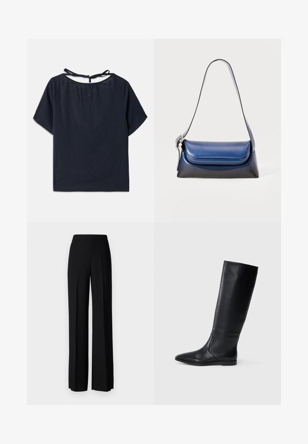 Tummansininen pellavapaita, jossa on leveä kaula-aukko, lyhyet hihat ja nauha selässä. Kaula-aukolla on hillitty brodeeraus.; Mustat leveälahkeiset housut, joissa on sileä pinta, korkea vyötärö ja keskiset laskokset. Ei näkyviä kuvioita tai metalliosia.; Mustat nahkaiset polvipituiset saappaat, joissa on terävä kärki ja minimaalinen muotoilu. Sujuva pinta ja tasapohja, joissa on huomaamattomat sivusaumadetailit.; Laukkureppu sinisestä nahasta, jossa on sileä pinta, pyöreä muoto, taitettu yläosa ja yksittäinen olkahihna. Mukana hopeinen varuste.