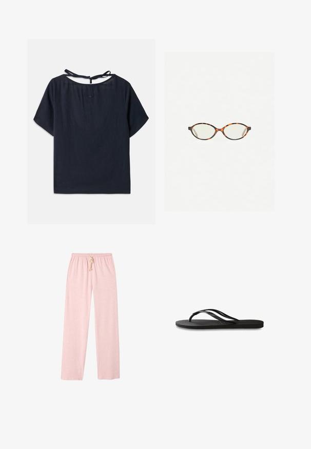 Tummansininen pellavapaita, jossa on leveä kaula-aukko, lyhyet hihat ja nauha selässä. Kaula-aukolla on hillitty brodeeraus.; Vaaleanpunaiset, puuvillaiset olohousut, joissa on rento fit, joustava vyötärö ja nauhakuormitus. Sujuva pinta, kokopitkä malli.; Mustat flip-flopit, joissa on röpelöinen kumipohja, kaksi hoikkaa remmiä ja hillitty, kohokuvioitu logotyyli remmissä.; Kilpikonnakuosiset silmälasit, joissa on soikeat linssit ja tyylikäs, sileä pinta. Ominaisuudet: ohuet sivut, joissa on hienovarainen kaari temppeleissä. Kirkkaat linssit.