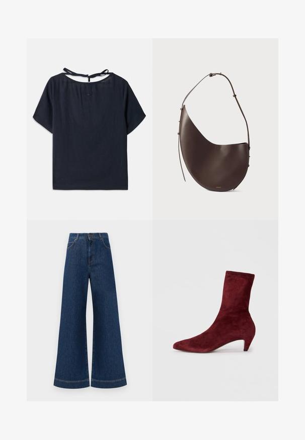 Sötétkék vászonszövet felső, széles nyakkivágással, rövid ujjal és hátsó megkötővel. Finom hímzés található a nyakkivágás közelében.; Magas derekú, széles lábú kék farmernadrág, gombos záródással, övhurkokkal és diszkrét varrási részletekkel a zsebeknél és a szegélyeknél.; Burgundi velúr bokacsizma hegyes orral és alacsony sarokkal. Simább textúra és testre szabott dizájn, látható hardver vagy minták nélkül.; Barna bőr kézitáska ívelt formával, egyszálú pánttal és minimalista dizájnnal. Diszkrét logóval és arany színű fém részekkel rendelkezik.