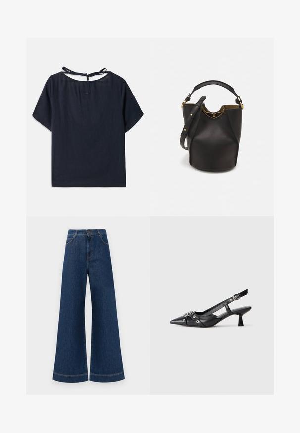 Tume sinine linane topp laia kaelusega, lühikeste varrukatega ja taga lipsuga. Kaeluse lähedal on peenemapoolne tikand.; Laia siniste denim pükste suur jalg, kõrge vöökoht, nupuga kinnitamine, vöökohad ja peened õmblusdetailid taskute ja äärte ääres.; Must must have must toote tõmblukuga, dekoratiivsed rihmad metallist silmadega ja madal blokk-kand. Tekstureeritud pind.; Mustast nahkämbriga kott tekstuurses viimistluses, kuldsete metalldetailide aktsentidega ja avatud ülaosaga. Omab lühikest käepidet ja reguleeritavat õlavarre rihma.