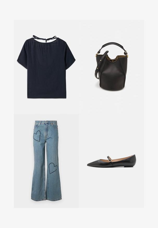 Tume sinine linane topp laia kaelusega, lühikeste varrukatega ja taga lipsuga. Kaeluse lähedal on peenemapoolne tikand.; Heledad sinine teksapükste lõwa, mille esiosas on kaks tumedat sinist südamepläätsi. Klassikaline viie tasku disain ja nupuga sulgemine.; Musthave mustanahkased balletkingad terava varbaga ja külgrihmaga, millel on ümmargune kuldne aksessuaar. Kerged ja tasase tallaga.; Mustast nahkämbriga kott tekstuurses viimistluses, kuldsete metalldetailide aktsentidega ja avatud ülaosaga. Omab lühikest käepidet ja reguleeritavat õlavarre rihma.