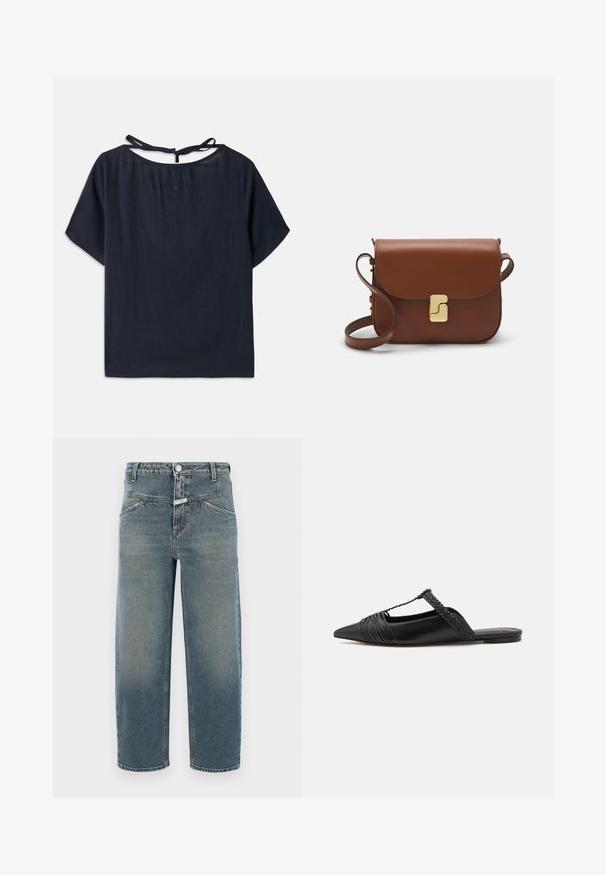 Tume sinine linane topp laia kaelusega, lühikeste varrukatega ja taga lipsuga. Kaeluse lähedal on peenemapoolne tikand.; CLOSED STOVER X - Kitsenevad teksad - mid blue; Must kuulsad nahast kandadega kingad, millel on terav nina, koos kootud detaili ja volditud ülaosaga. Lame tald minimaalse riistvaraga.; Pruunist nahast käekott, millel on klapiga sulgur, kuldne riistvara, õlarihm ja sile tekstuur. Kompaktne ristkülikukujuline vorm.