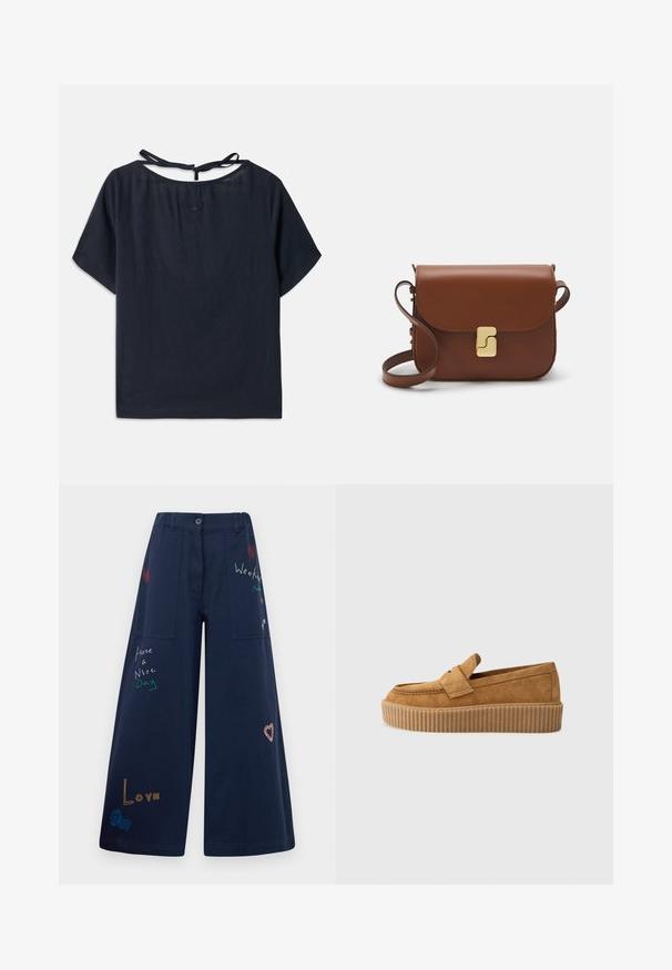Dark blue linen top with a wide neckline, short sleeves, and a tie at the back. Features subtle embroidery near the neckline.; Navy blue wide-leg pants in cotton with multiple pockets. Features colorful embroidered text and graphics including hearts and playful phrases.; Brown suede loafer with a round toe, featuring a ribbed platform sole and a decorative strap across the upper.; Brown leather handbag with a flap closure, gold-tone hardware, a shoulder strap, and a smooth texture. Compact rectangular shape.