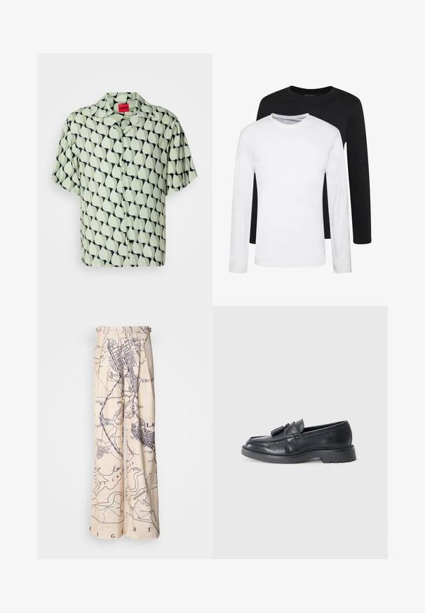 Cămașă cu mâneci scurte, cu nasturi, de culoare verde deschis, cu un model abstract de frunze bleumarin. Dispune de un guler de tip camp și nasturi negri. Textură a țesăturii netedă.; Două cămăși cu mâneci lungi, una neagră și una albă, confecționate din bumbac, cu gât rotund și o textură netedă, prezentate într-un aranjament suprapus.; Pantaloni cu picioare largi, cu imprimeu harta în nuanțe de navy pe un fundal bej, cu detalii plissate la talie și o croială comfortabilă.; Loafers din piele neagră, cu vârful rotund, o curea cu bentițe și o talpă groasă cu un model de profil. Textură netedă și design clasic.