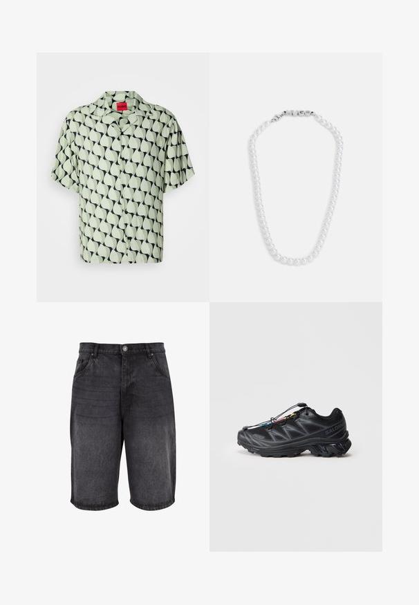 Kurzarm-Hemd mit Knopfleiste in Hellgrün mit einem navyblauen, abstrakten Blattmuster. Verfügt über einen Camp-Kragen und schwarze Knöpfe. Glatte Stoffstruktur.; Schwarze Jeansshorts mit lockerer Passform, fünf Taschen Design und Knopfverschluss. Der Stoff hat eine glatte Textur mit dezentem Verblassen.; Schwarzer Sportschuh mit einem strukturierten Mesh-Obermaterial, verstärkter Zehenkappe und einem Schnellverschluss-System. Verfügt über eine robuste Laufsohle und einen leichten Absatz.; Halskette aus weißen Perlen mit glatter Oberfläche, ausgestattet mit einem silbernen Verschluss, der das Wort "HUGO" geprägt hat. Gleichmäßig große Perlen in einem klassischen Design.