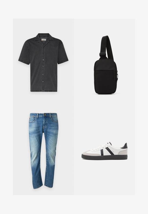 Denim Project LOOSE FIT SHORT SLEEVE DENIM - Overhemd - gray wash; Blauwe vervaagde rechte denimjeans met vijf zakken, knoopsluiting en zichtbare naaddetails aan de voorkant.; Witte sneaker met zwarte en grijze accenten, voorzien van een grijze neus met textuur, zwarte rubberen zool en platte witte veters. Schoon ontwerp, minimalistische stijl.; Zwarte schoudertas gemaakt van duurzaam stof, met een enkele verstelbare schouderband, een gepartitioneerd hoofdcompartiment met rits en een voorvak.