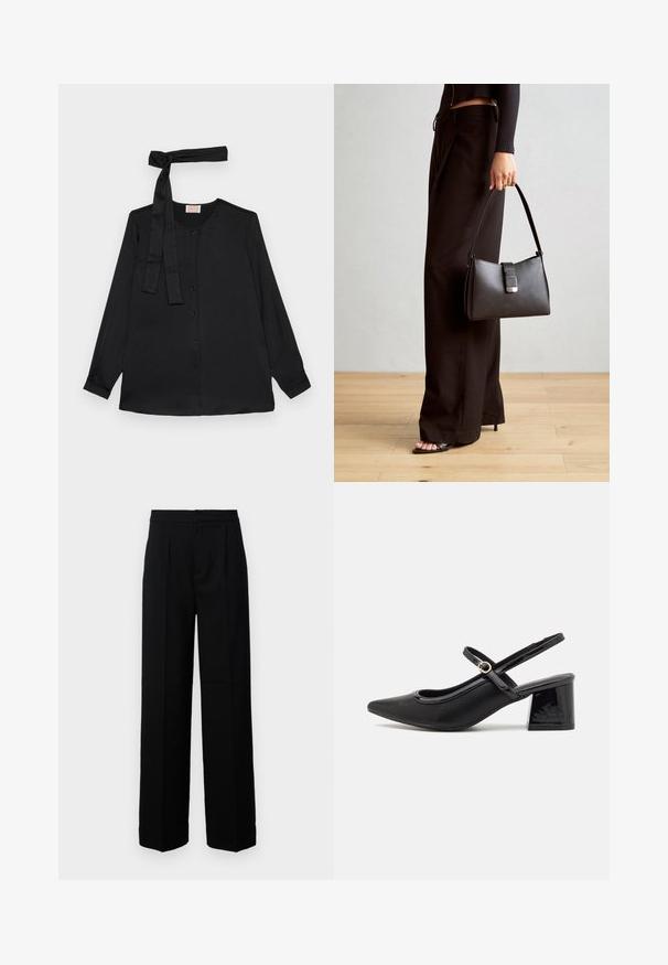 Svart långärmad blus i mjukt tyg, med knäppning framtill och en knytning vid halslinningen. Klassisk krage och ärmslut med manschett.; Svarta vida byxor med en slät yta, med en rak front, veck och en skräddarsydd midja. Ingen synlig hårdvara eller mönster.; Svarta lackläder slingback-klackar med spetsig tå, en rundad utskärning och en blockklack. Utsmyckad med en spänne i guldton.; Svart handväska med strukturerad form, slät yta och metallspänne. Matchad med vida svarta byxor och sandaler med öppen tå på trägolv.
