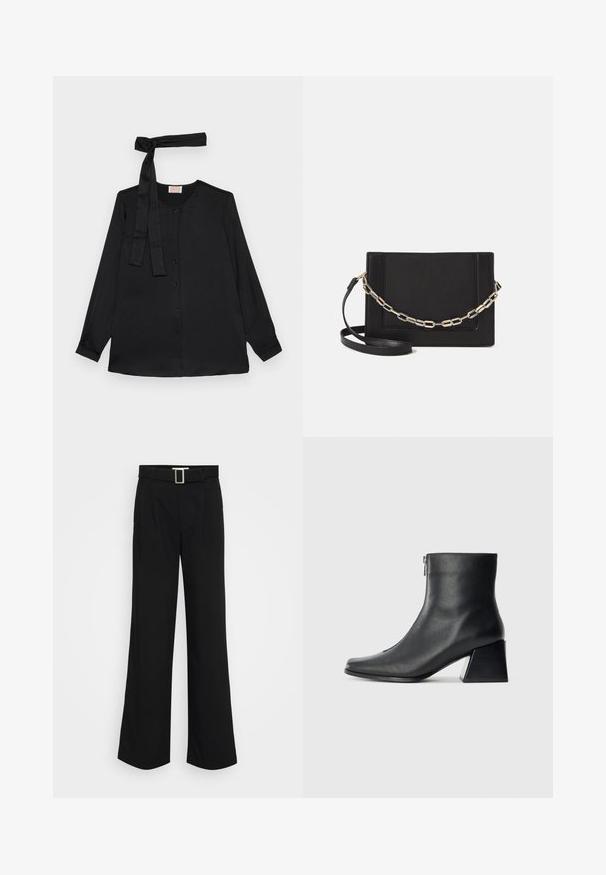 Svart bluse med lange ermer i glatt stoff, med knepping foran og en knyttedetalj ved halsen. Klassisk krage og mansjetter.; Svarte vide bukser laget av lett materiale, med en glatt tekstur, frontfolding og et belte med firkantet metallspenne.; Sorte skinnankelsko med firkantet tå, glidelås på siden og blokkhæl mot en vanlig lys bakgrunn.; Svart lær crossbody-veske med glatt tekstur, rektangulær form og metallkjede detaljer på framsiden. Justerbar stroppe inkludert.