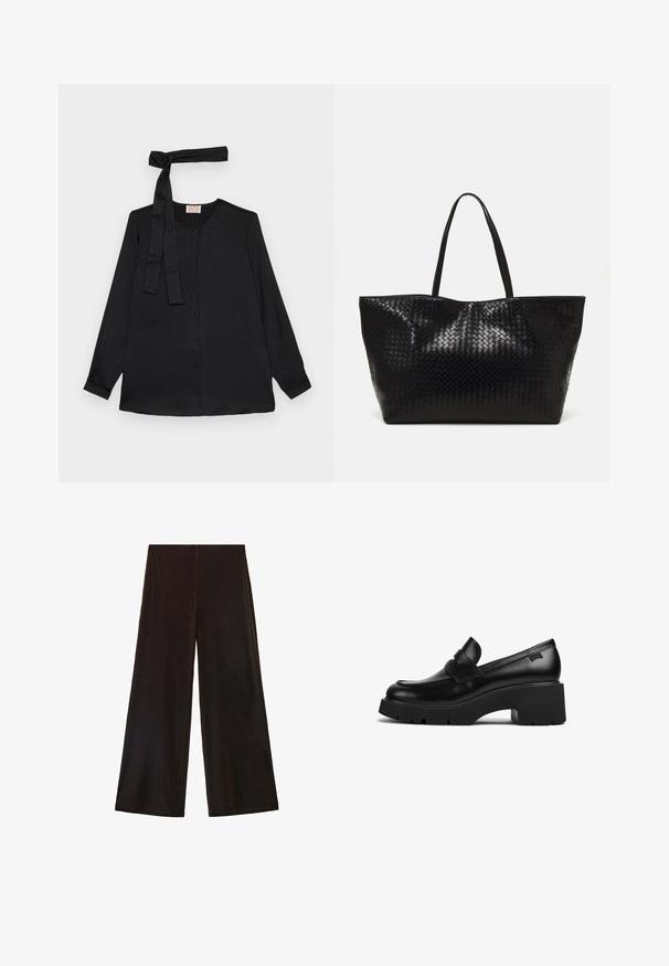 Czarna bluzka z długim rękawem z gładkiego materiału, z zapięciem na guziki z przodu oraz detalem w postaci wiązania przy dekolcie. Klasyczny kołnierz i mankiety.; Czarne szerokie spodnie z miękkiego materiału, z wysokim stanem i gładką teksturą, charakteryzujące się czystymi liniami i bez widocznych zapięć.; Czarne skórzane loafery na grubej podeszwie z szerokim obcasem i paskiem na górze, zaprezentowane z boku na białym tle.; Czarna pleciona torba na ramię z dwoma mocnymi uchwytami, charakteryzująca się błyszczącą powierzchnią i przestronnym otwartym topem.