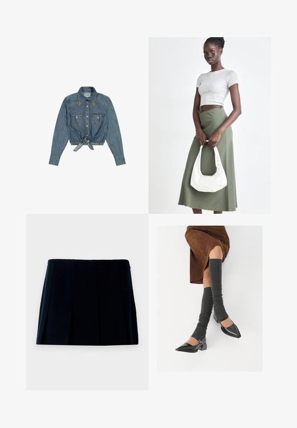 Veste courte en denim bleu avec manches longues, devant boutonné, deux poches poitrine et détail noué à la taille ; présente des coutures contrastantes.; Jupe mini plissée noire en tissu. Elle possède une taille droite et plusieurs plis verticaux pour la forme et la texture.; Chaussures à bout pointu en cuir verni noir avec un talon bloc et une bride à la cheville, accompagnées de jambières en maille grise et d'une jupe en daim marron.; Top court rayé gris et jupe taille haute verte olive. Le mannequin tient un sac à bandoulière blanc avec des découpes. Design simple, silhouette ajustée.