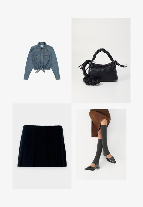 Veste courte en denim bleu avec manches longues, devant boutonné, deux poches poitrine et détail noué à la taille ; présente des coutures contrastantes.; Jupe mini plissée noire en tissu. Elle possède une taille droite et plusieurs plis verticaux pour la forme et la texture.; Chaussures à bout pointu en cuir verni noir avec un talon bloc et une bride à la cheville, accompagnées de jambières en maille grise et d'une jupe en daim marron.; Sac à main en simili cuir noir avec une texture crocodile, un dessus resserré et une sangle froncée. A l'apparence douce et compacte.