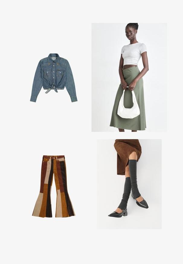 Giacca corta in denim blu con maniche lunghe, chiusura frontale con bottoni, due tasche sul petto e dettaglio con fiocco in vita; presenta cuciture a contrasto.; Pantaloni a zampa in velluto a coste con motivo a righe nelle tonalità di marrone, beige e oro, con tasche e una fascia colorata in vita.; Scarpe nere in pelle verniciata con punta affilata, tacco a blocco e cinturino alla caviglia, abbinate a scaldamuscoli grigi a coste e una gonna in suede marrone.; Top crop a coste grigio e gonna a vita alta verde oliva. Il modello tiene una borsa a spalla bianca con dettagli intagliati. Design semplice, silhouette aderente.