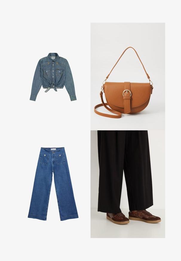 Blaue Jeans-Cropped-Jacke mit langen Ärmeln, Knopfleiste, zwei Brusttaschen und Taillendetail mit Bindeband; mit kontrastierenden Nähten.; Denim-Hosen im weiten Schnitt mit einer mittleren blauen Waschung, zwei Vordertaschen mit Knopfverschluss und genähten Details entlang der Säume.; Braune Sneakers mit einem Materialmix aus Wildleder und Schlangenleder-Details, runder Zehenform, Schnürverschluss und strukturierten Gummisohlen.; Braune Leder-Crossbody-Tasche mit geschwungener Form, goldfarbenen Beschlägen und einer Schnallenakzentuierung. Verfügt über einen abnehmbaren Schultergurt.