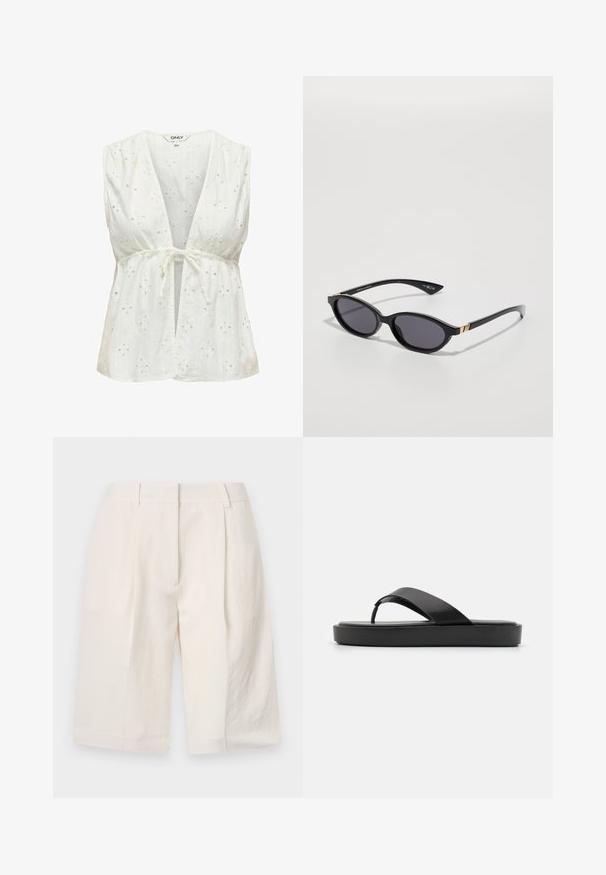 Vit ärmlös blus med djup V-ringning och knytmidja. Har ögonbroderi med blommönster, mjuk textur och lätt tyg.; Vita linnebyxor med skräddarsydd design, plisserad front och vida benöppningar. Slät textur och längd till mitten av låret.; Svarta flip-flopsandaler med ett slätt övre rem och en texturerad plattformssula. Minimalistisk design med en låg profil silhuett.; Svarta solglasögon med ovala linser, mörk gradienttoning och smala skalmar med subtila guldaccenter. Slät plastfinish.; Grå oversized hoodie med en känguruficka, i kombination med en marinblå utsvängd kjol. Accessoar: stor ljusgul ryggsäck med slät textur.