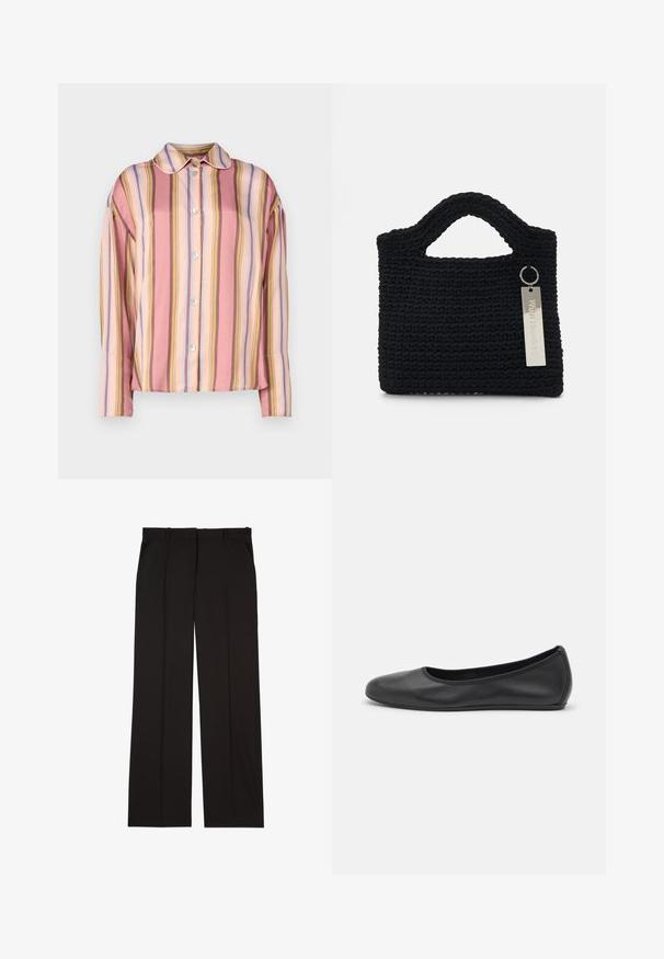 Button-up shirt in lightweight fabric with alternating vertical stripes in pink, peach, and blue. Features a collar and long sleeves.; Black tailored trousers made of a smooth fabric, featuring a straight-leg design, and two side pockets. Elegant and minimalistic construction.; Black leather ballet flat with a rounded toe, smooth texture, minimal stitching detail, and a flexible sole design.; Won Hundred MARSIELLE COMPUTER BAG UNISEX - Laptop bag - black