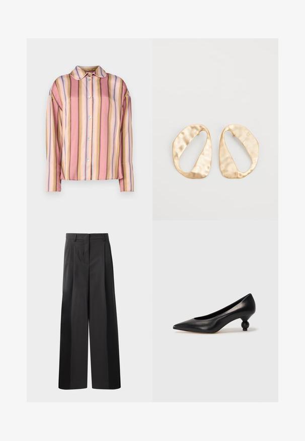 Button-up shirt in lightweight fabric with alternating vertical stripes in pink, peach, and blue. Features a collar and long sleeves.; Black wide-leg trousers with a high waist, featuring front pleats, a smooth texture, and a tailored finish. Designed for a relaxed fit.; Black leather high heel shoe with a pointed toe and a round, balled heel. Smooth texture with a sleek, minimal design.; Pair of irregular oval-shaped gold-toned metal earrings with a textured, slightly hammered surface on a white background.