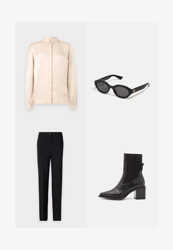 Camisa de mangas longas em cetim bege com colarinho abotoado, pala frontal e mangas bufantes com franzido nos punhos. Textura lisa e brilhante.; Calças pretas ajustadas com um design de perna reta, apresentando fecho de botão e passantes para cinto, feitas de tecido suave.; Bota ankle preta com bico fino, feita de couro liso e tecido elástico. Apresenta um salto bloco e um design minimalista.; Óculos de sol ovais pretos com lentes escuras e armação de plástico brilhante. Apresenta um logotipo dourado na haste, oferecendo um design elegante e moderno.; Bolsa de padrão azul feita de tecido, com um formato curvo, alça de couro preto e design de logotipo em uma tonalidade mais clara.