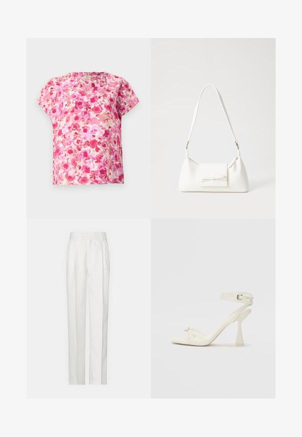 Blomsterprintet kortærmet top i nuancer af pink og koral, med en løs pasform, rund halsudskæring og blødt stof med akvarelmønster.; Hvide stikstribede bukser med et lige ben-design, lavet af et let stof. Har foldninger foran og et traditionelt liv.; Sandal med høj hæl i hvid læder med et elegant design, en transparent blokhæl og et dekorativt element ved tåen.; Hvid syntetisk håndtaske med en trekantet form, flad forsideklap og sløjfedetalje, justerbar strop, glat tekstur og minimalistisk design.
