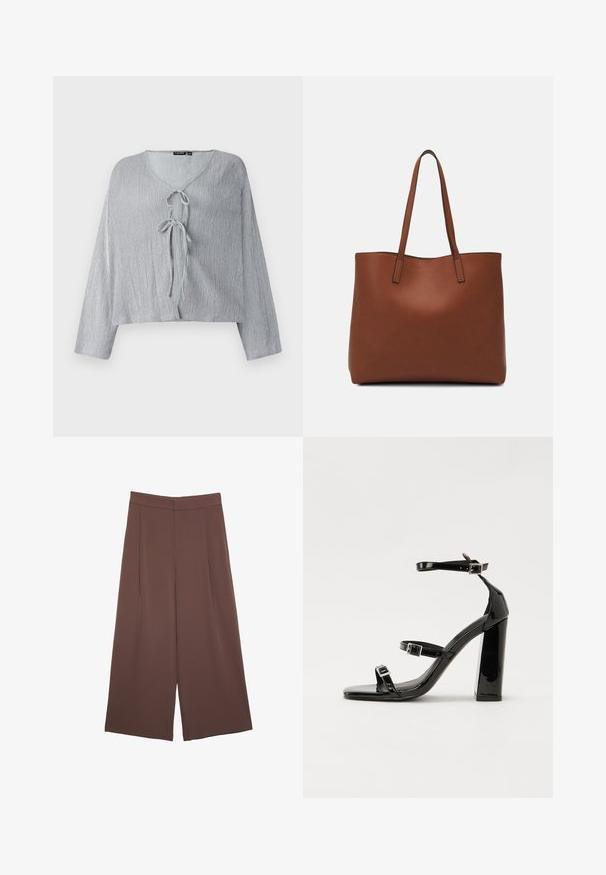 Blusa corta grigia chiara con maniche lunghe, scollatura a V e chiusura con nodo frontale. Tessuto strutturato che mostra sottili righe verticali.; Pantaloni ampi marroni con una texture liscia, caratterizzati da una vita alta e pieghe frontali. Il tessuto è leggero e scorre liberamente.; Sandali con tacco in vernice nera, con punta squadrata, cinturini alla caviglia e fibbie in argento. Presentano un tacco a blocco spesso per maggiore stabilità.; Borsa tote in pelle marrone con texture liscia, design con apertura superiore e due spallacci. Presenta cuciture minime e nessun hardware visibile.