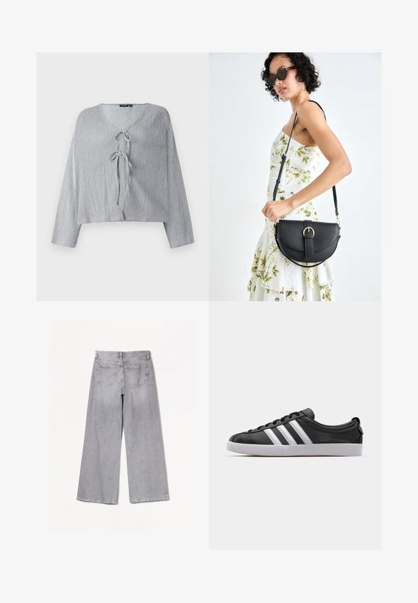 Ljusgrå crop-top med långa ärmar, V-urringning och framknutning. Den texturerade tyget visar subtila vertikala linjer.; Bershka WIDE-LEG - Wide leg - grey; Svarta lädersneakers med vit tre-stripesdesign, rund tå, platt vit gummisula och varumärkesdetalj på sidan.; Svart läderhandväska med en böjd form, avtagbar rem och guldiga detaljer. Väskan har ett lock med en spänndetalj.