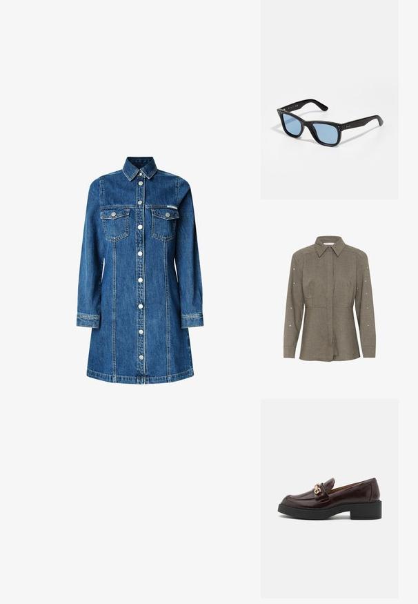Dark olive green blouse with a structured collar, long sleeves adorned with silver studs, and a tailored fit through the waist.; Denim shirt dress, long sleeves, button-up front, two chest pockets, classic collar, medium blue color, and light stitching details.; Brown leather loafer with a gold accent buckle, black block heel, and a smooth texture. Side view showcases rounded toe and stitched detailing.; Black plastic sunglasses with blue tinted lenses, square shape, solid arms, and two metallic accents on the front near the lenses.; Brown leather handbag with a soft, textured fur-like exterior, slim design, a short handle, and a detachable strap.