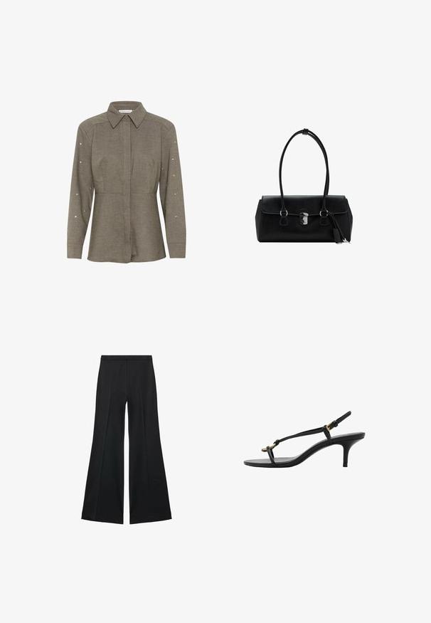 Tamno maslinasta bluzica sa strukturiranim ovratnikom, dugim rukavima ukrašenim srebrnim zakovicama i prilagođenim strukom.; Crne široke hlače s glatkom teksturom, koje imaju prednje nabore i kroj po mjeri. Tkanina je lagana i lepršava.; Crne kožne sandale s kitten heel potpeticama, tankim trakama, zlatnom kopčom i minimalističkom petom za prste, na bijeloj pozadini.; Crna kožna torba s glatkom teksturom, strukturiranim dizajnom, dvostrukim ručkama i detaljem od srebra na kopčanju u sredini.