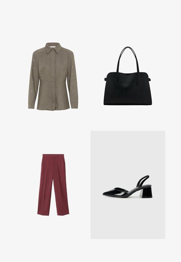 Donker olijfgroene blouse met een gestructureerde kraag, lange mouwen versierd met zilverkleurige studs en een getailleerde pasvorm rond de taille.; Bordeaux brede broek met een zachte textuur, voorzien van zijzakken en een hoogtaille ontwerp. Strak gesneden met een nette voorplooi.; Zwarte gepatineerde leren slingback hakken met een spitse neus en een geometrische blokhak. Kenmerkt zich door een slank, minimalistisch ontwerp en een gladde textuur.; Zwarte leren handtas met dubbele schouderriemen, rechthoekige vorm en minimalistisch ontwerp op een witte achtergrond.