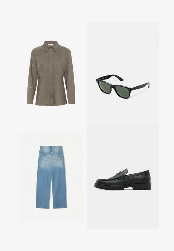 Dunkelolivgrüne Bluse mit strukturiertem Kragen, langen Ärmeln, die mit silbernen Nieten verziert sind, und einer taillierten Passform.; Helleblaue Denim-Jeans mit geradem Bein, ausgestattet mit zwei Gesäßtaschen und einer ausgebleichten Textur im oberen Bereich.; Schwarze Lederloafer mit runder Zehenform, ausgestattet mit einem gesteppten Design, niedrigem Plattformsohle und einer strukturierten, genoppten Gummisohle.; Schwarze Plastiksonnenbrille mit grünen Gläsern, quadratischen Rahmen, silbernem Akzent auf der Augenbraue und strukturierten Bügeln. Angegebene Marke auf dem inneren Bügel.; Schwarze, gesteppten Lederhandtasche mit einer goldfarbenen Kettenriemen und einem Drehverschluss, der mit einem runden Akzent verziert ist. Kompakte rechteckige Form.