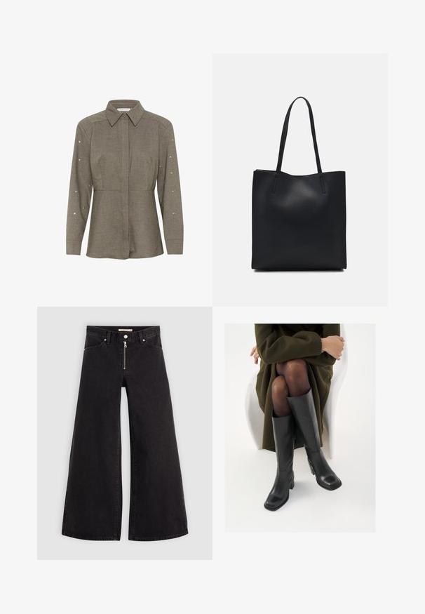 Tumši olīvzaļš blūze ar strukturētu apkakli, garām piedurknēm, kas rotātas ar sudraba ķīlēm, un pieguļošu piegriezumu ap vidukli.; Platas kājas džinsi melnā džinsa audumā ar rāvējslēdzēju priekšā, piecu kabatu dizains un smalkas šuvju detaļas. Gluda tekstūra un ikdienišķs stils.; Ceļgalu augstuma melni ādas zābaki ar kvadrātu purngalu un bloku papēdi, attēloti modelī, kurš sēž olīvu zaļā mētelī. Gluda tekstūra, minimāla apdare.; Melnas ādas somiņa ar gludu tekstūru, taisnstūra formu un divām garām rokturiem. Nav redzamu aparatūras vai rotājumu.