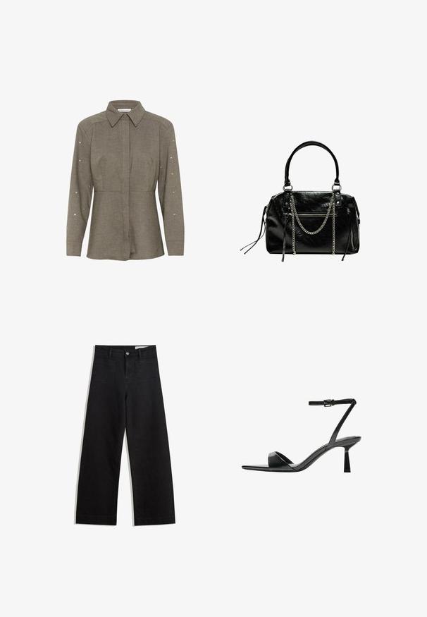 Tmavozelená blúzka s vystuženým golierom, dlhými rukávmi ozdobenými striebornými nitmi a priliehavým strihom v oblasti pása.; Čierne denimové nohavice s širokými nohavicami a vysokým pásom, so prednými a zadnými vreckami, šitými švami a zapínaním na gombík. Hladká textúra.; Bershka Sandále na vysokom opätku - black; Bershka WITH CHAIN - Kabelka - black