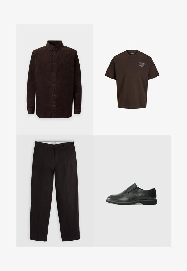 Braune Cordhemd mit langen Ärmeln, kragen mit Knöpfen, vertikaler Rippenstruktur und vorderer Knopfleiste.; Braunes Baumwoll-T-Shirt mit lockerer Passform, kurzen Ärmeln und einem weißen Drucklogo auf der Brust. Einfaches Design, ohne zusätzliche Verzierungen.; Schwarze Chinos mit geradem Bein, Gürtelschlaufen, Knopfverschluss und Seitentaschen, auf einem hellgrauen Hintergrund präsentiert.; Schwarze Leder-Slipper mit glattem Obermaterial, gesteppten Akzenten, runder Zehenpartie und niedrigem Gummiabsatz. Die Sohle hat ein minimales Profil.