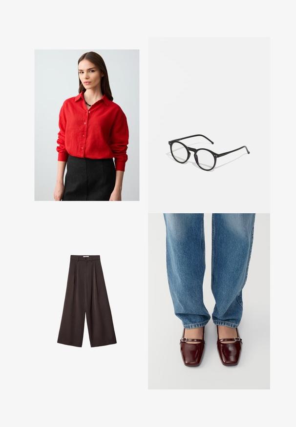 Young woman with long brown hair wearing a red buttoned shirt and black skirt, standing against a plain light background.; Black wide-leg trousers with a high waist, featuring front pleats and a button closure at the waist, made from smooth fabric.; Burgundy patent leather shoes with a square toe and ankle strap, paired with light blue loose-fit jeans. The shoes have a glossy finish.; Round black sunglasses with clear lenses, thin black arms, and small metallic accents on the front. Classic design with minimalist style.; Brown woven leather tote bag with two handles, a structured shape, and a textured surface, featuring a diamond pattern throughout.