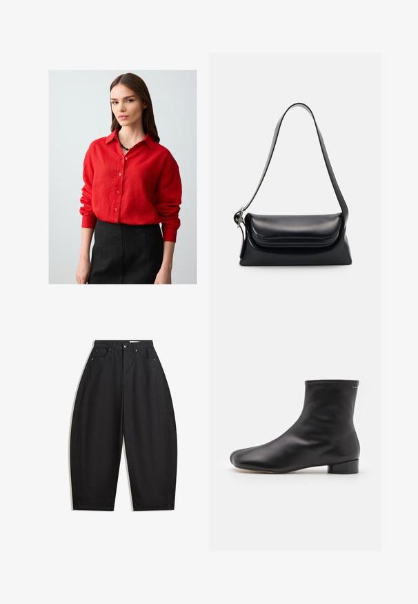 Young woman with long brown hair wearing a red buttoned shirt and black skirt, standing against a plain light background.; Black wide-leg trousers made from cotton, featuring a high waist, five pockets, and metal button closure. Smooth texture and no visible patterns.; MM6 Maison Margiela BOOT - Classic ankle boots - black; Black leather handbag with a structured shape, a smooth texture, and a single shoulder strap. Features a subtle, rounded flap design.