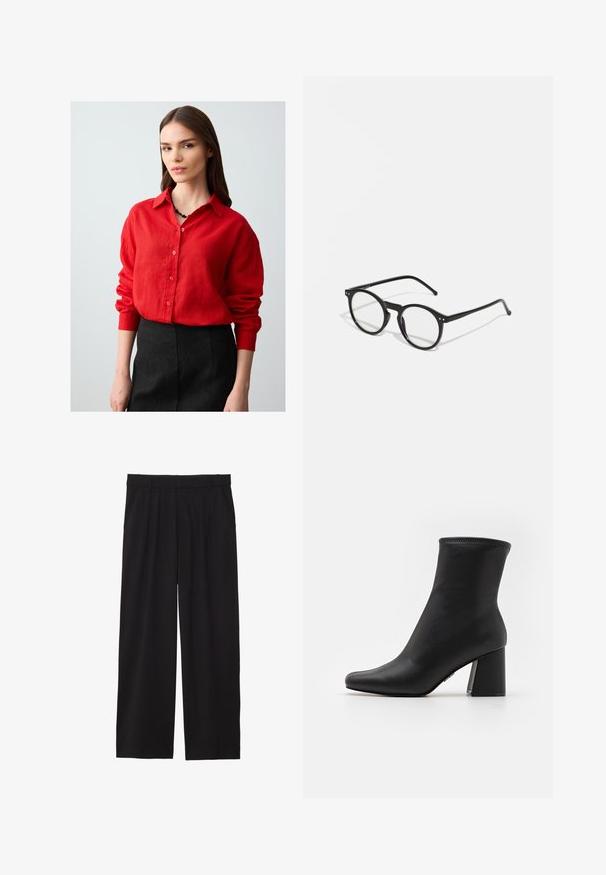 Jeune femme aux longs cheveux bruns, portant une chemise rouge à boutons et une jupe noire, se tenant devant un fond clair.; Pantalons larges noirs avec un devant plissé, des poches latérales et une texture de tissu lisse. Conçus pour un ajustement décontracté.; Bottine noire en cuir lisse avec un bout pointu et un talon épais et rectangulaire. Présente un bord supérieur cousu pour un détail supplémentaire.; Lunettes de soleil rondes noires avec des verres transparents, fines branches noires et petites accents métalliques à l'avant. Design classique avec style minimaliste.