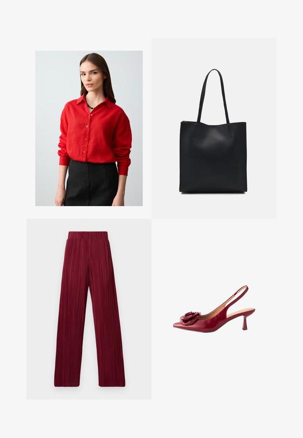 Giovane donna con lunghi capelli castani, che indossa una camicia rossa con bottoni e una gonna nera, in piedi su uno sfondo chiaro e semplice.; Pantaloni ampi a pieghe color bordeaux con elastico in vita. Tessuto testurizzato con strisce verticali. Taglio dritto fino all'orlo.; Next FOREVER COMFORT CORSAGE SLINGBACK - Decolleté - red; Borsa tote in pelle nera con texture liscia, forma rettangolare e due manici lunghi. Nessun hardware o decorazione visibile.