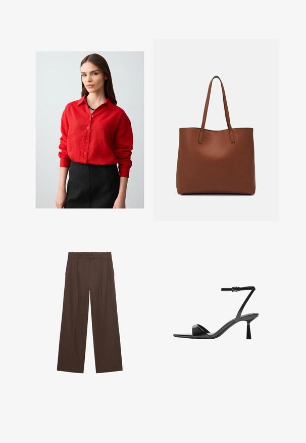 Jonge vrouw met lang bruin haar, gekleed in een rode knopenhemd en een zwarte rok, staand tegen een effen lichte achtergrond.; Bruine wijde broek gemaakt van een gladde stof, met een hoge taille, voorplooien en twee zijzakken.; Bershka Sandalen met hoge hak - black; Bruine leren tote bag met een gladde textuur, een ontwerp met een open bovenkant en twee schouderbanden. Kenmerkt zich door minimale stiksels en geen zichtbare hardware.