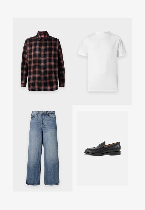 Černá a červená kostkovaná košile s knoflíkovým zapínáním vpředu, dlouhými rukávy a štítkem na límci. Obsahuje kontrastní švy a náprsní kapsu.; Bílý krátký rukáv tričko vyrobené z měkké bavlny. Má kulatý výstřih a rovný lem s minimem detailů.; Modré džínové kalhoty s širokým střihem, vybledlý wash, pět kapsových design a zapínání na knoflík. Vybavené poutky na opasek a prošívanými detaily.; Černé kožené mokasíny s hladkým povrchem, zaoblenou špičkou a dekorativním prošíváním na svršku. Nízký podpatka a mírný lesk.