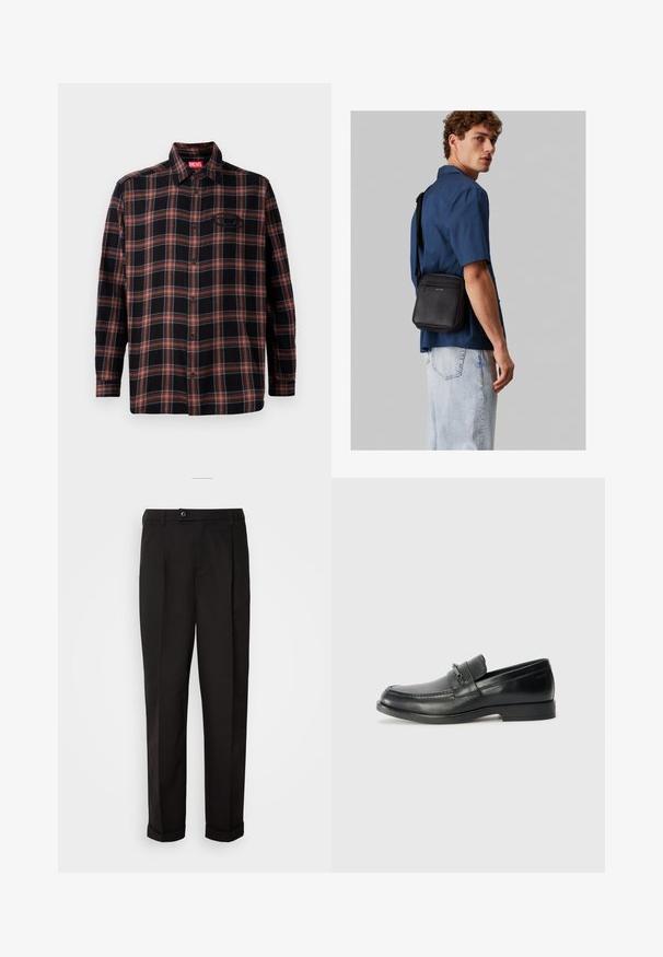 Svart og rød rutete skjorte med knapplist foran, lange ermer og et merke på kragen. Har kontrastsøm og en lomme på brystet.; Sorte bukser med en glat tekstur, der har lige snit, to forlommer og en enkelt knaplukning i taljen.; Sorte skinnloafers med rund tå, med en sydd design, en liten frontrem med detaljer i metall, og såle i gummi som er flat.; Svart skinn crossover-veske med teksturert finish; har en frontlomme med glidelås og justerbar stropp. Modellen har på seg en blå skjorte og denimjeans.