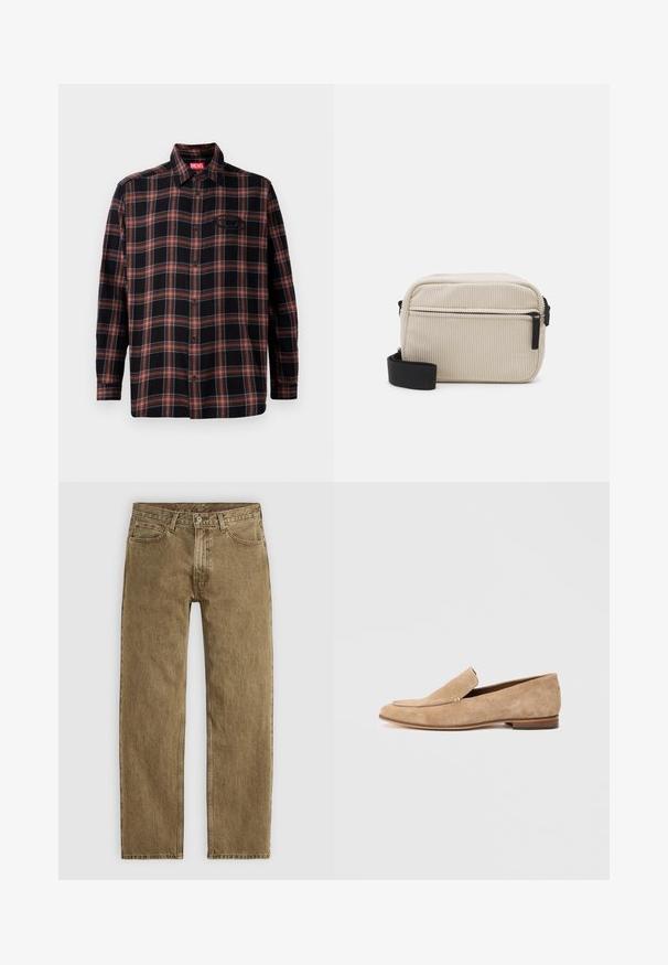 Crna i crvena karirana košulja s gumbima sprijeda, dugim rukavima i oznakom na ovratniku. Sadrži kontrastne šavove i zakrpu na prsima.; Svijetlosmeđi traperice s ravnim nogavicama, pet džepova i bakrenim detaljima. Tekstuirana tkanina s vidljivim šavovima.; Béžove nubuk loaferice s niskom petom, zaobljenim prstom i dekorativnim šavom duž gornjeg dijela. Glatka tekstura s minimalnim detaljima.; Kremast ženski crossbody torba od kordura s crnim patentnim zatvaračem, uklonjivim remenom i teksturiranim uzorkom. Ima jedan glavni pretinac i prednji džep.