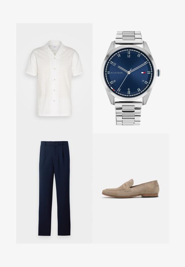 Bjela košulja s kratkim rukavima, s teksturiranim uzorkom i rupicama, s dugmadi sprijeda i klasičnim dizajnom ovratnika.; Tamnoplave hlače od glatkog materijala, s jednim gumbom za zatvaranje, nabranim detaljima i ravnim nogavicama. Minimalistički dizajn bez istaknutih uzoraka.; Bež nubuk loafersi s minimalnim šavovima, ravnim potplatom i kožnom đonom. Imaju jedan trakasti detalj blizu gornjeg dijela. Ravna silueta.; Srebrni metalni sat s četkanim plavim brojčanikom, bijelim oznakama sati i prikazom datuma. Ima povezan metalni remen i logo marke.