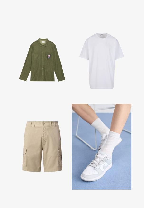 Olivgrünes Cordhemd mit langen Ärmeln, Knopfverschluss, zwei Brusttaschen und einem Berggrafik-Patch auf der linken Tasche.; Weiße Baumwoll-T-Shirt mit kurzen Ärmeln, rundem Ausschnitt, lockerer Passform und ohne sichtbare Logos oder Muster. Glatte Textur und minimalistisches Design.; Beige Cargo-Shorts aus Baumwolle. Verfügt über zwei seitliche Taschen, einen Knopfverschluss und dekorative Nähte. Gerade Beinoptik.; Weiße Sneakers mit hellblauen Akzenten, Obermaterial aus Leder, perforierte Zehenpartie, dicke Schnürsenkel und gerippte weiße Socken vor einem blauen Hintergrund.