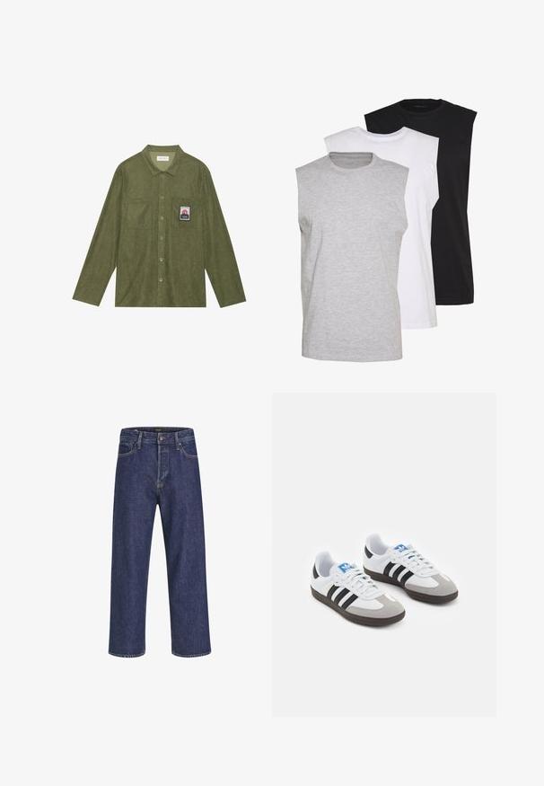 Chemise en velours côtelé vert olive à manches longues, fermeture boutonnée, deux poches poitrine, et un patch graphique de montagne sur la poche gauche.; Trois t-shirts sans manches en gris, blanc et noir. Tissu en coton doux avec un col rond et une coupe décontractée. Design simple, sans motifs.; Jean en denim bleu foncé avec une coupe droite, un design à cinq poches, une fermeture à bouton en métal et des surpiqûres contrastantes, présentant une texture subtile.; Baskets avec une tige en cuir blanc, un bout en daim gris et trois bandes noires. Présente un logo bleu sur la languette et une semelle en caoutchouc texturée.