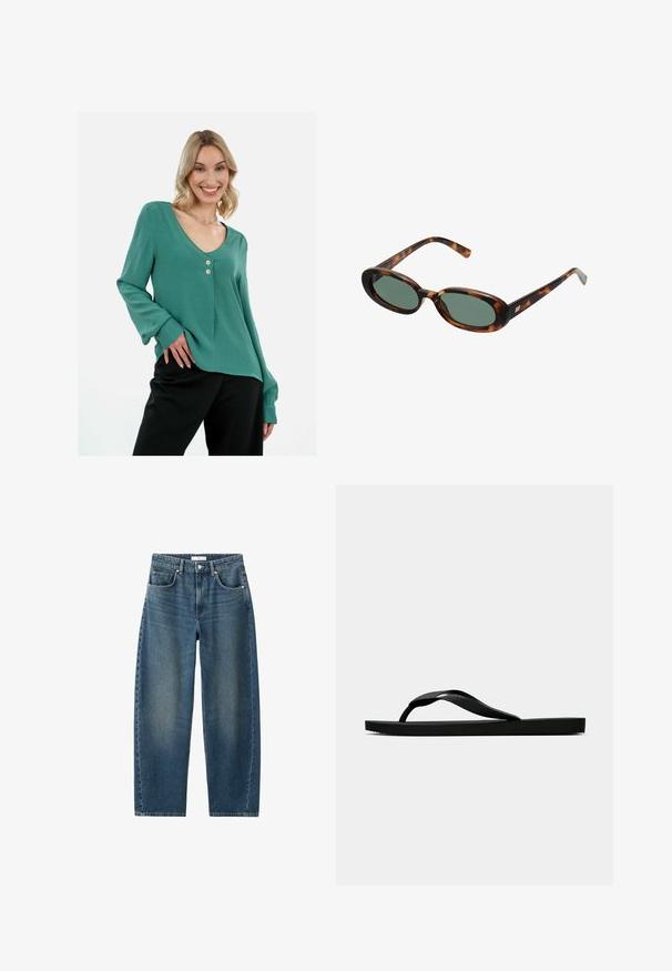 Türkise Bluse mit langen Ärmeln und V-Ausschnitt, drei Knopf-Details und lässiger Passform. Der Stoff ist glatt mit subtiler Textur. Kombiniert mit schwarzen Hosen.; Dunkelblaue Denim-Jeans mit geradem Bein, Fünf-Taschen-Design und klassischem Knopfverschluss. Weiche Textur mit dezenten Verfärbungen.; Schwarze Gummi-Flip-Flop-Sandale mit einem strukturierten Riemen und einfacher flacher Sohle, von der Seite auf einem schlichten hellen Hintergrund dargestellt.; Schildpatt-Sonnenbrille mit ovalen Rahmen und grünen Gläsern. Verfügt über dünne Bügel mit einem metallischen Akzent in der Nähe der Scharniere.; Gewebte gelbe Handtasche mit einem geschwungenen Oberhandgriff und einer unstrukturierten Form. Die strukturierte Oberfläche weist ein kreuz und quer Muster auf.