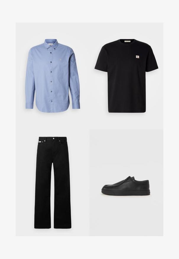 Svetlo modra srajca z dolgimi rokavi, izdelana iz gladkega blaga. Ima klasičen ovratnik, črne gumbe in majhen logotip na prsih.; Črna bombažna majica s kratkimi rokavi, okroglim izrezom in majhnim vezenim logotipom na levem prsnem delu. Gladka tekstura, običajen kroj.; Črne jeans hlače širokega kroja, z petimi žepi in kovinskimi gumbi. Gladka tekstura, brez vidnih vzorcev.; Črne usnjene natikače s zaobljenim prstom, šivanim detajlima in črnim gumijastim podplatom. Gladka tekstura z minimalističnim dizajnom.
