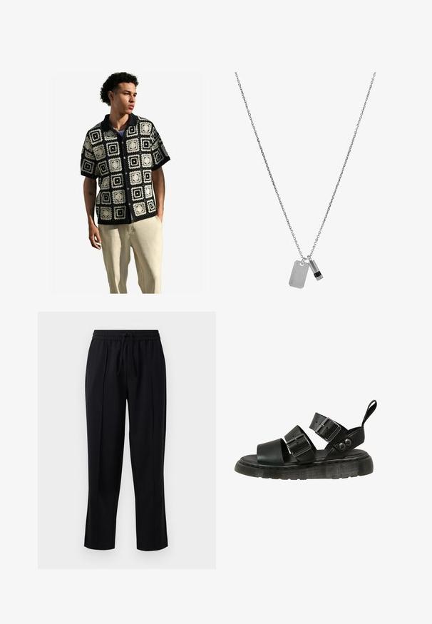 Next REGULAR FIT - Košeľa - black ecru white; Čierne nohavice vyrobené z jemného, ľahkého materiálu. Majú elastický pás s šnúrkou, rovný strih a predné záhyby.; Čierne sandále s dvoma širokými prackami, hladkým koženým zvrškom a hrubou štruktúrovanou podrážkou.; Strieborný reťazový náhrdelník obsahuje dva prívesky: obdĺžnikový štítok a malú tyčinku, s vygravírovaným logom a čiernym akcentom na tyčinke.